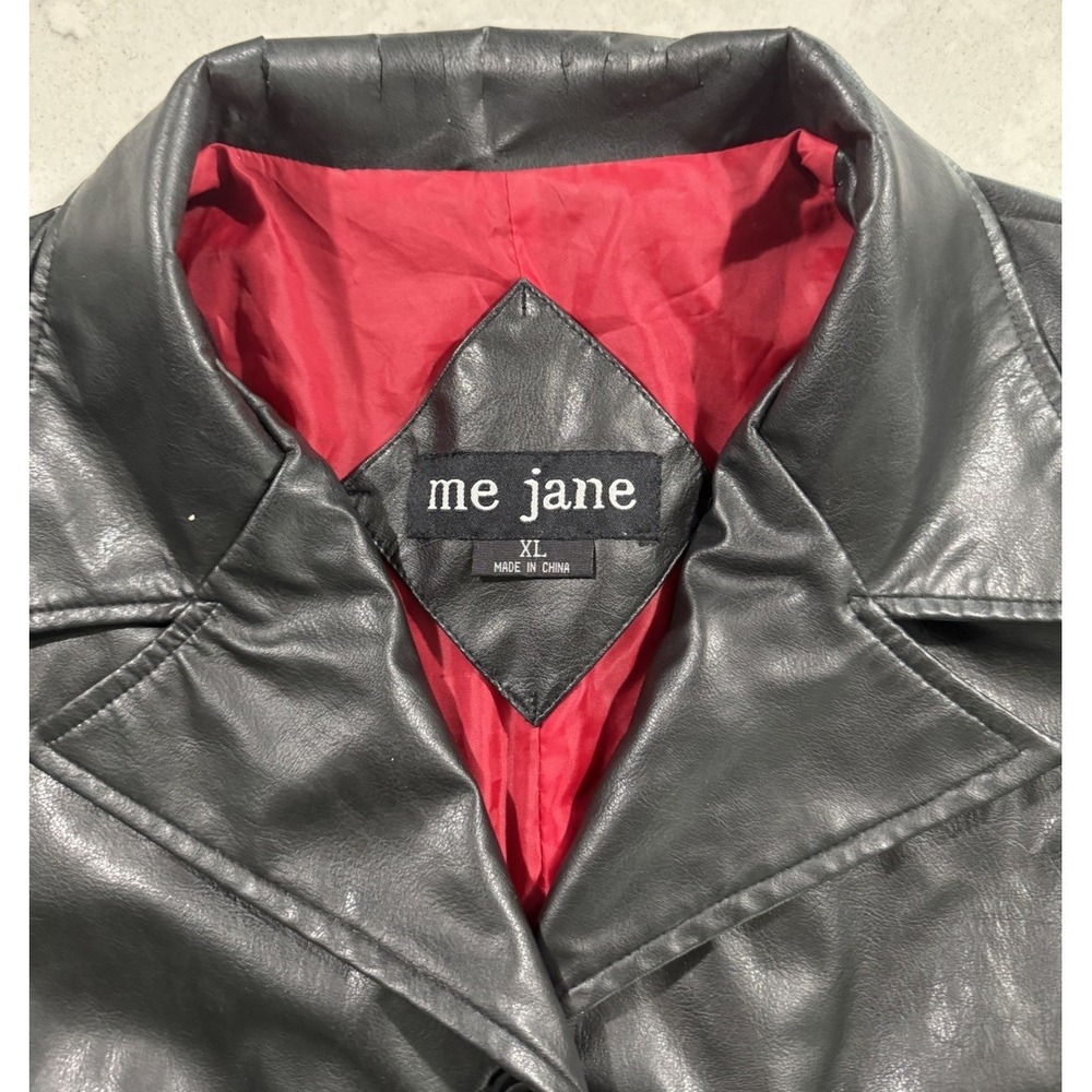 VTG Me Jane Blazer Jacket Womens XL Black Faux Leather Red Lining Grunge Y2K - Picture 2 of 12